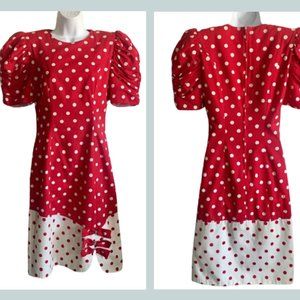 R & K Evenings Dress Red White Polka Dots Bows Vintage 1980s